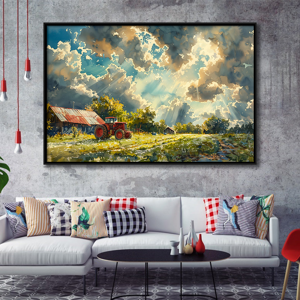 Painting Clouds Over The Backyard And Old Tractor, Floating Frame, Framed Canvas Print Wall Art Home Decor