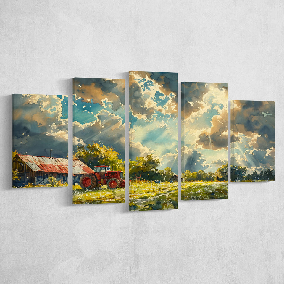 Painting Clouds Over The Backyard And Old Tractor, Multi Panel,Mixed Canvas Print Wall Art Decor