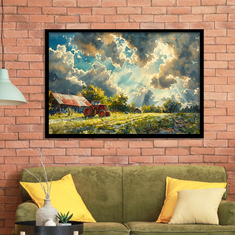 Painting Clouds Over The Backyard And Old Tractor, Painting Art, Framed Art Print Wall Art Home Decor