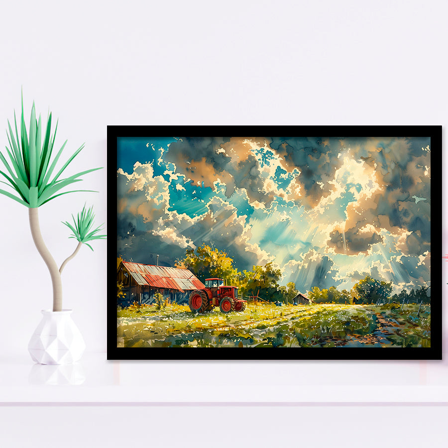 Painting Clouds Over The Backyard And Old Tractor, Painting Art, Framed Art Print Wall Art Home Decor