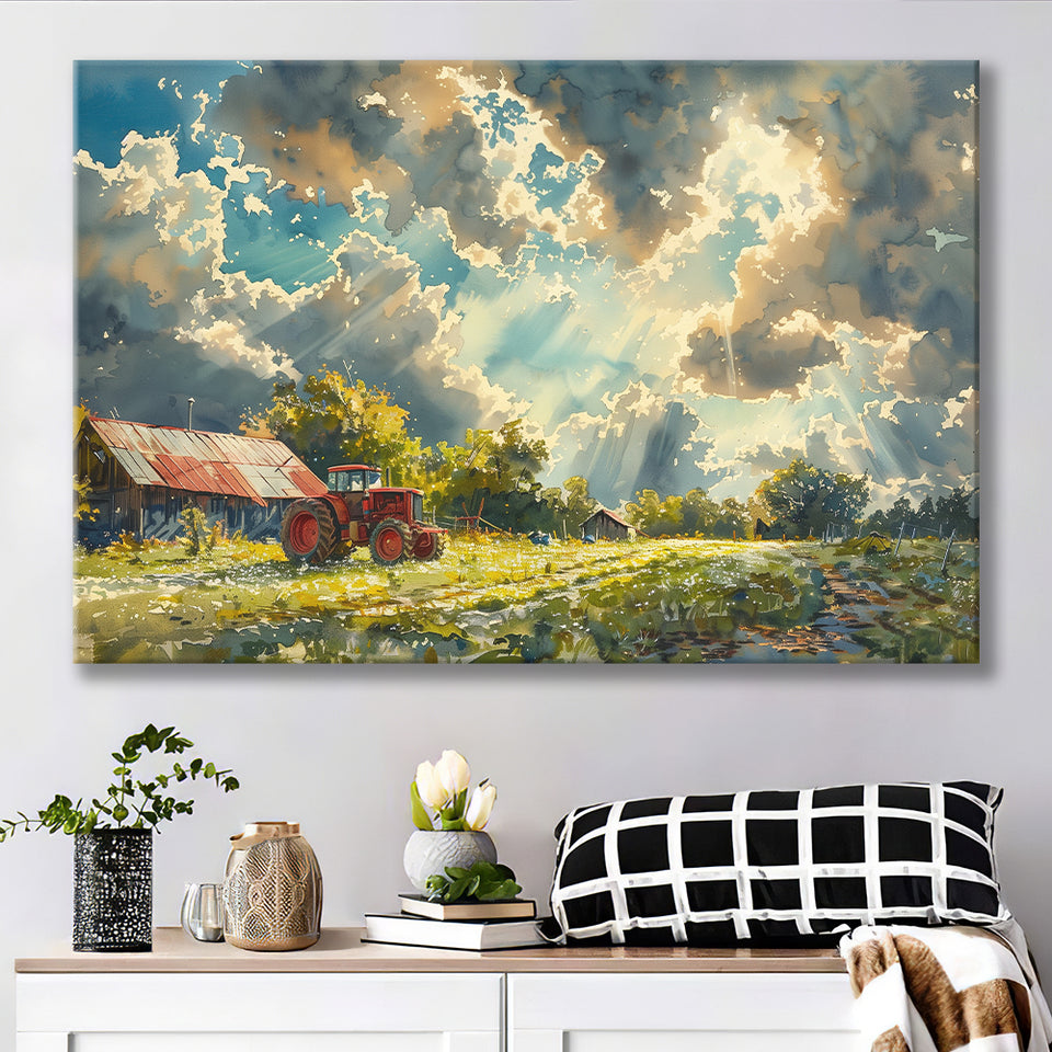 Painting Clouds Over The Backyard And Old Tractor, Art Print, Canvas Print Wall Art Home Decor