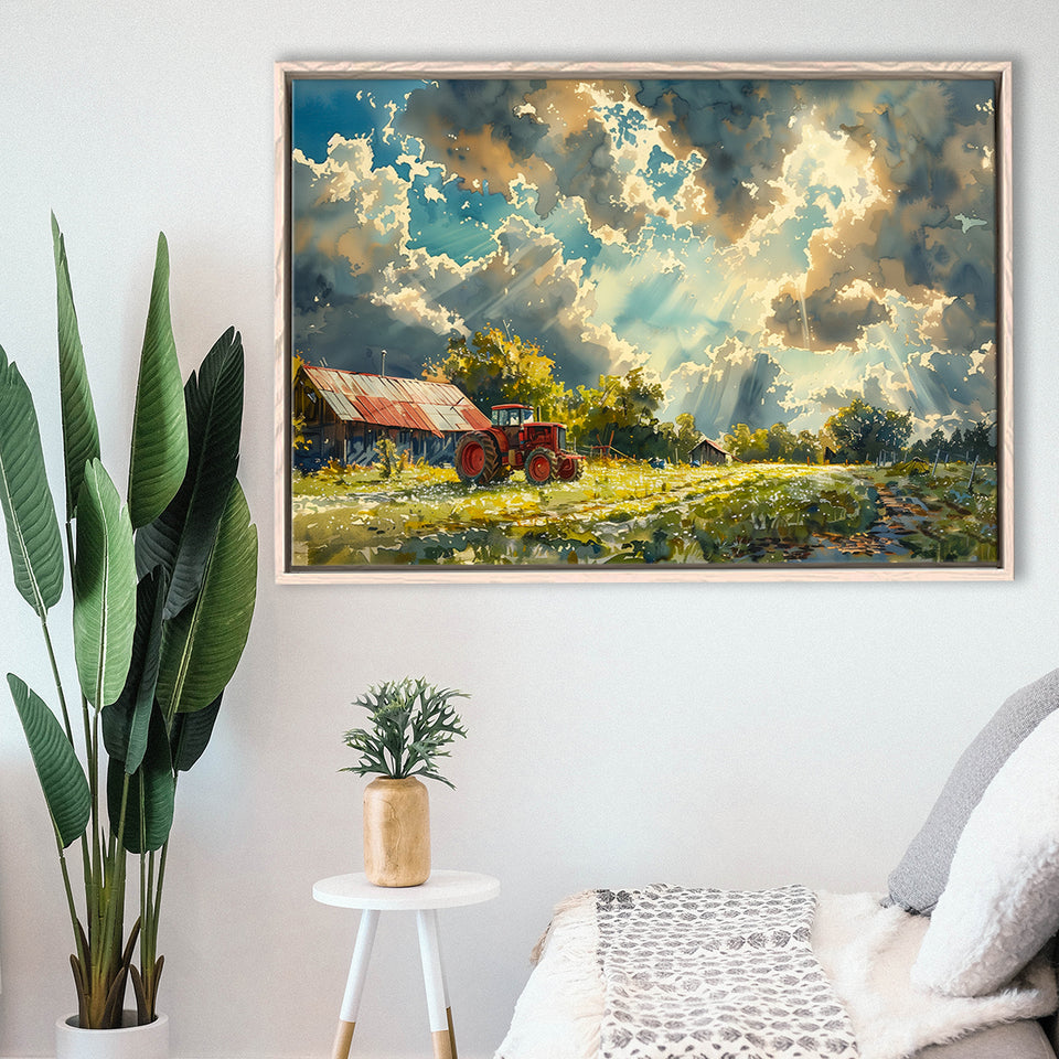 Painting Clouds Over The Backyard And Old Tractor, Floating Frame, Framed Canvas Print Wall Art Home Decor