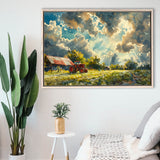 Painting Clouds Over The Backyard And Old Tractor, Floating Frame, Framed Canvas Print Wall Art Home Decor