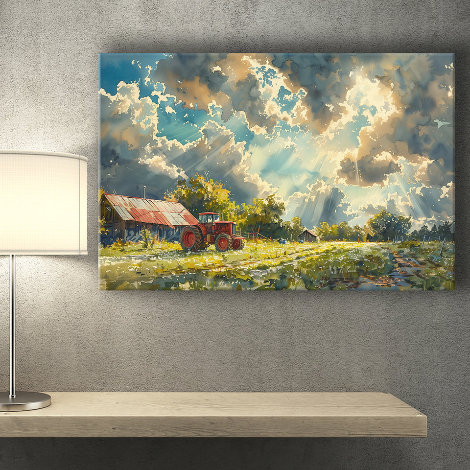 Painting Clouds Over The Backyard And Old Tractor, Art Print, Canvas Print Wall Art Home Decor