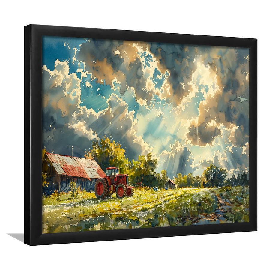 Painting Clouds Over The Backyard And Old Tractor, Painting Art, Framed Art Print Wall Art Home Decor