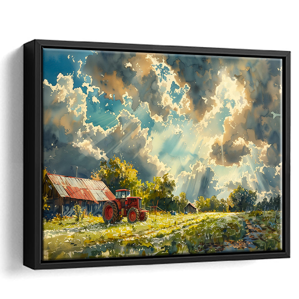Painting Clouds Over The Backyard And Old Tractor, Floating Frame, Framed Canvas Print Wall Art Home Decor