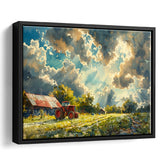 Painting Clouds Over The Backyard And Old Tractor, Floating Frame, Framed Canvas Print Wall Art Home Decor