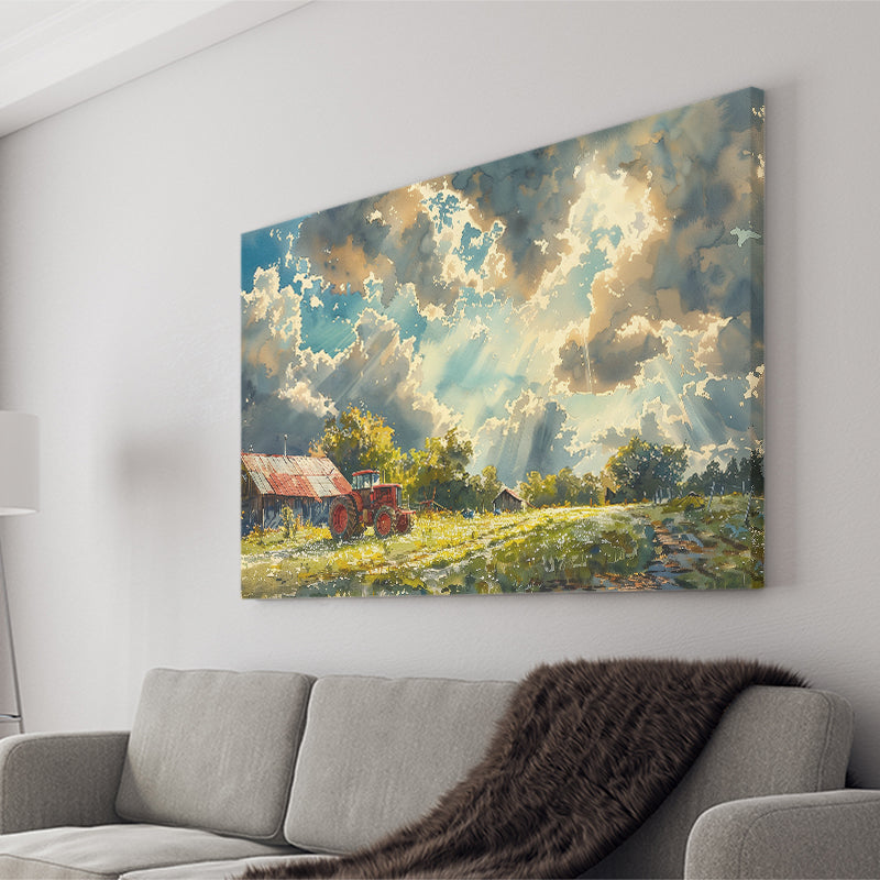 Painting Clouds Over The Backyard And Old Tractor, Art Print, Canvas Print Wall Art Home Decor