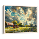 Painting Clouds Over The Backyard And Old Tractor, Floating Frame, Framed Canvas Print Wall Art Home Decor