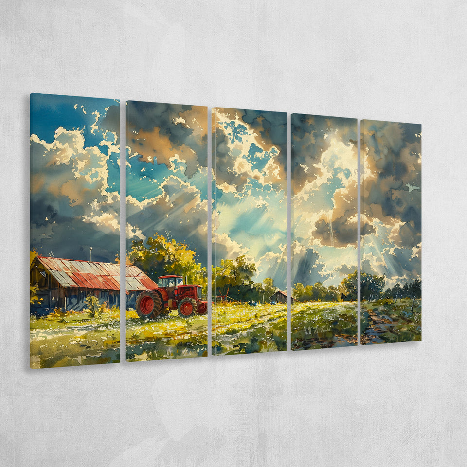 Painting Clouds Over The Backyard And Old Tractor, Extra Large Canvas, Canvas Print Wall Art Decor
