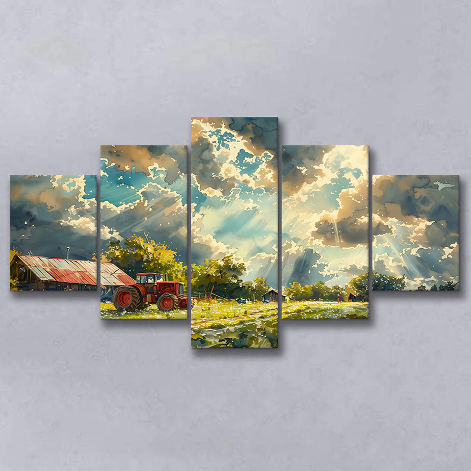 Painting Clouds Over The Backyard And Old Tractor, Multi Panel,Mixed Canvas Print Wall Art Decor