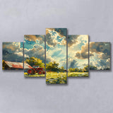 Painting Clouds Over The Backyard And Old Tractor, Multi Panel,Mixed Canvas Print Wall Art Decor