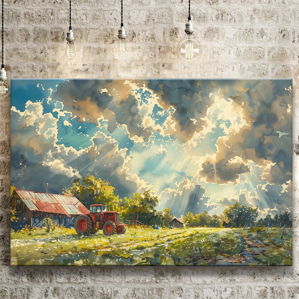 Painting Clouds Over The Backyard And Old Tractor, Art Print, Canvas Print Wall Art Home Decor