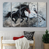 Painting Couple Horse Running Together Black And White V1, 5 Panels Extra Large Canvas, Canvas Prints Wall Art Decor