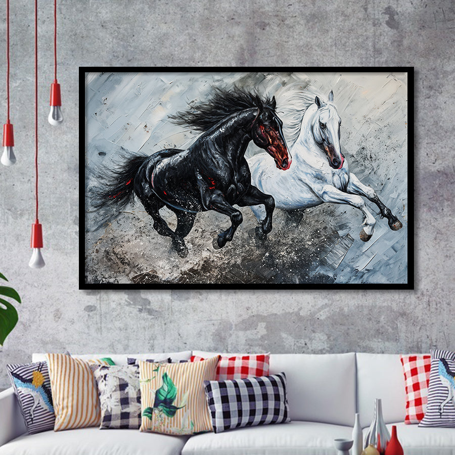 Painting Couple Horse Running Together Black And White V1, Framed Art Print Wall Decor, Framed Picture