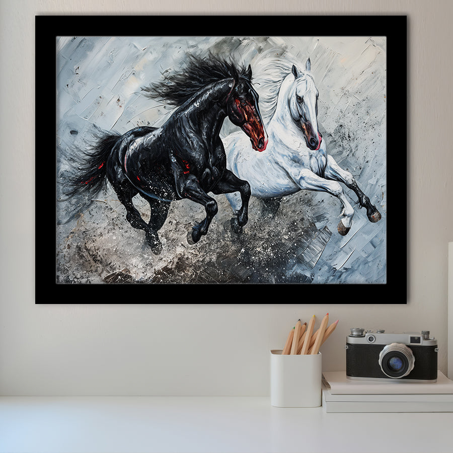 Painting Couple Horse Running Together Black And White V1, Framed Art Print Wall Decor, Framed Picture
