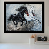 Painting Couple Horse Running Together Black And White V1, Framed Art Print Wall Decor, Framed Picture