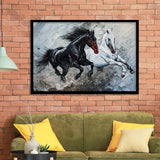 Painting Couple Horse Running Together Black And White V1, Framed Art Print Wall Decor, Framed Picture