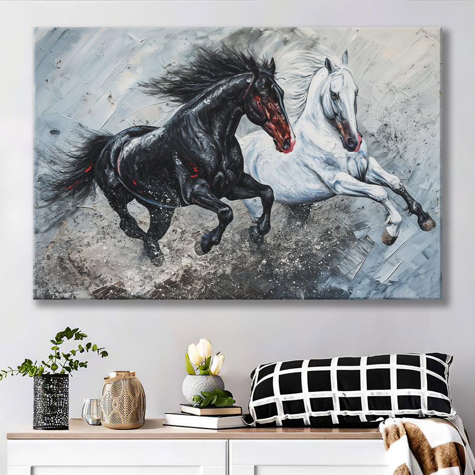 Painting Couple Horse Running Together Black And White V1, Canvas Painting, Canvas Prints Wall Art Decor