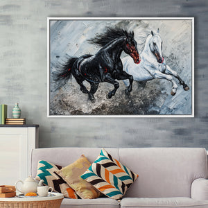 Painting Couple Horse Running Together Black And White V1, Framed Canvas Painting, Framed Canvas Prints Wall Art Decor