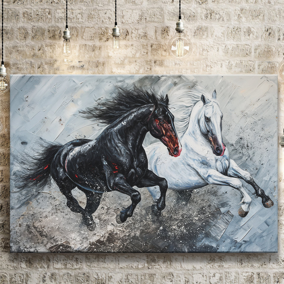 Painting Couple Horse Running Together Black And White V1, Canvas Painting, Canvas Prints Wall Art Decor