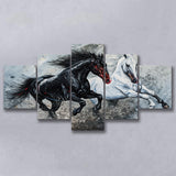 Painting Couple Horse Running Together Black And White V1, 5 Panels Mixed Large Canvas, Canvas Prints Wall Art Decor