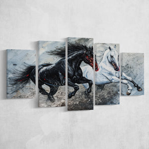 Painting Couple Horse Running Together Black And White V1, 5 Panels Mixed Large Canvas, Canvas Prints Wall Art Decor