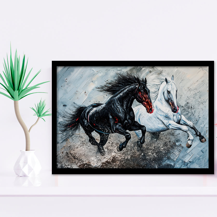 Painting Couple Horse Running Together Black And White V1, Framed Art Print Wall Decor, Framed Picture