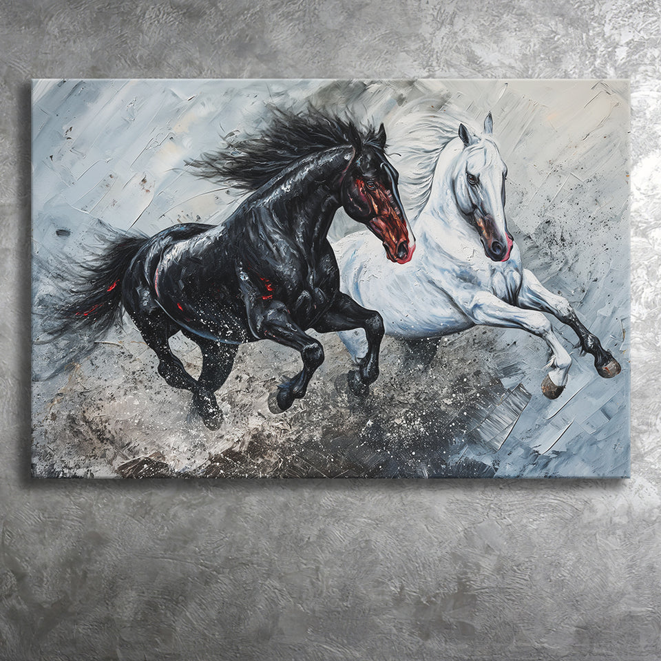 Painting Couple Horse Running Together Black And White V1, Canvas Painting, Canvas Prints Wall Art Decor
