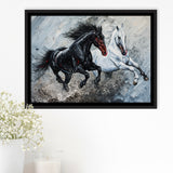Painting Couple Horse Running Together Black And White V1, Framed Canvas Painting, Framed Canvas Prints Wall Art Decor