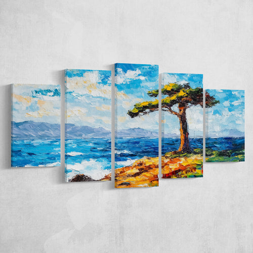 Painting Cypress Tree, Pebble Beach, California, Golf Art Print, Mixed 5 Panel, Canvas Prints Wall Art