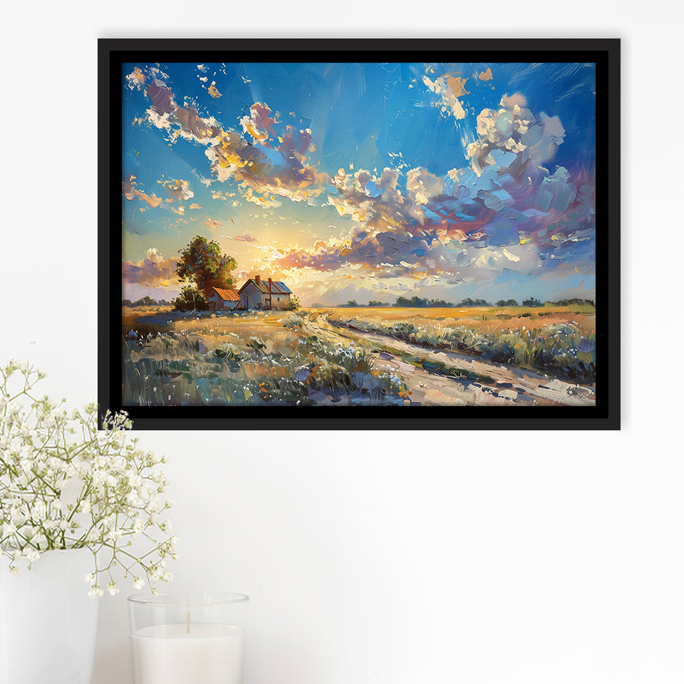 Painting Pastel Clouds Over The Backyard Sunset Oil Painting, Floating Frame, Framed Canvas Print Wall Art