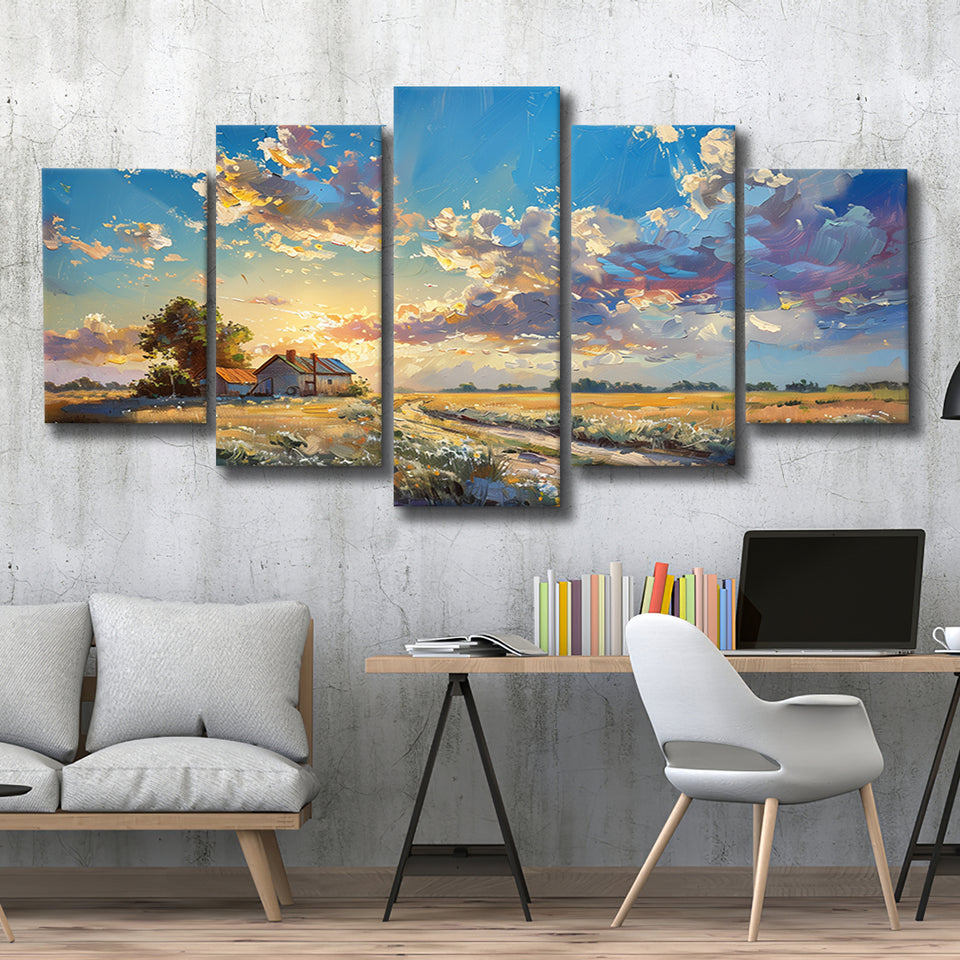 Painting Pastel Clouds Over The Backyard Sunset Oil Painting, Multi Panel,Mixed Canvas Print Wall Art Decor