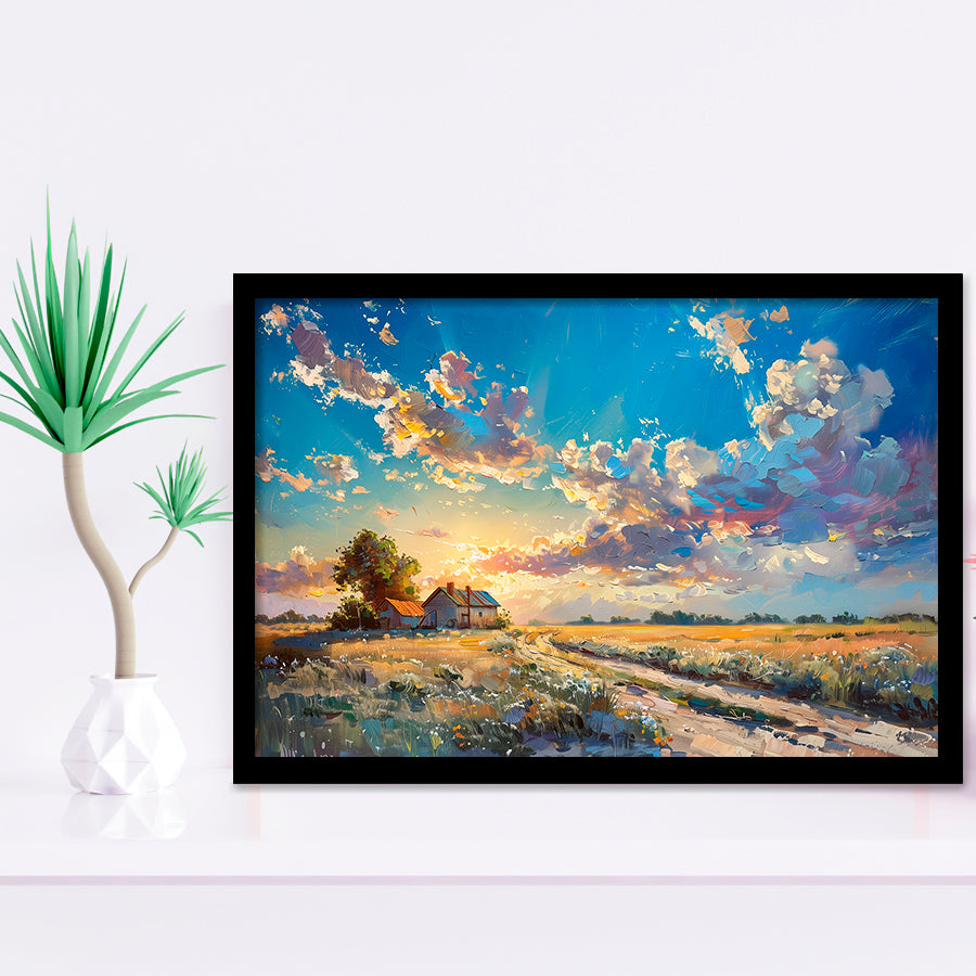 Painting Pastel Clouds Over The Backyard Sunset Oil Painting, Painting Art, Framed Art Print Wall Art Home Decor