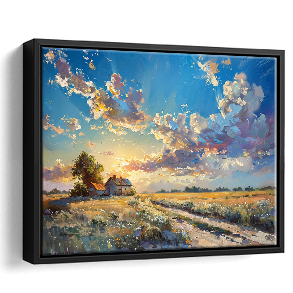 Painting Pastel Clouds Over The Backyard Sunset Oil Painting, Floating Frame, Framed Canvas Print Wall Art