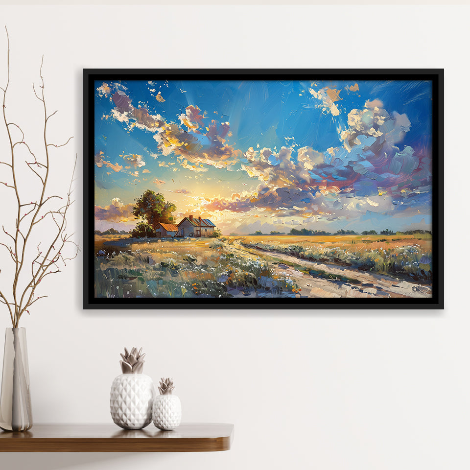 Painting Pastel Clouds Over The Backyard Sunset Oil Painting, Floating Frame, Framed Canvas Print Wall Art