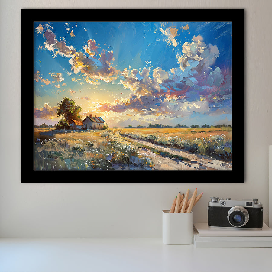 Painting Pastel Clouds Over The Backyard Sunset Oil Painting, Painting Art, Framed Art Print Wall Art Home Decor