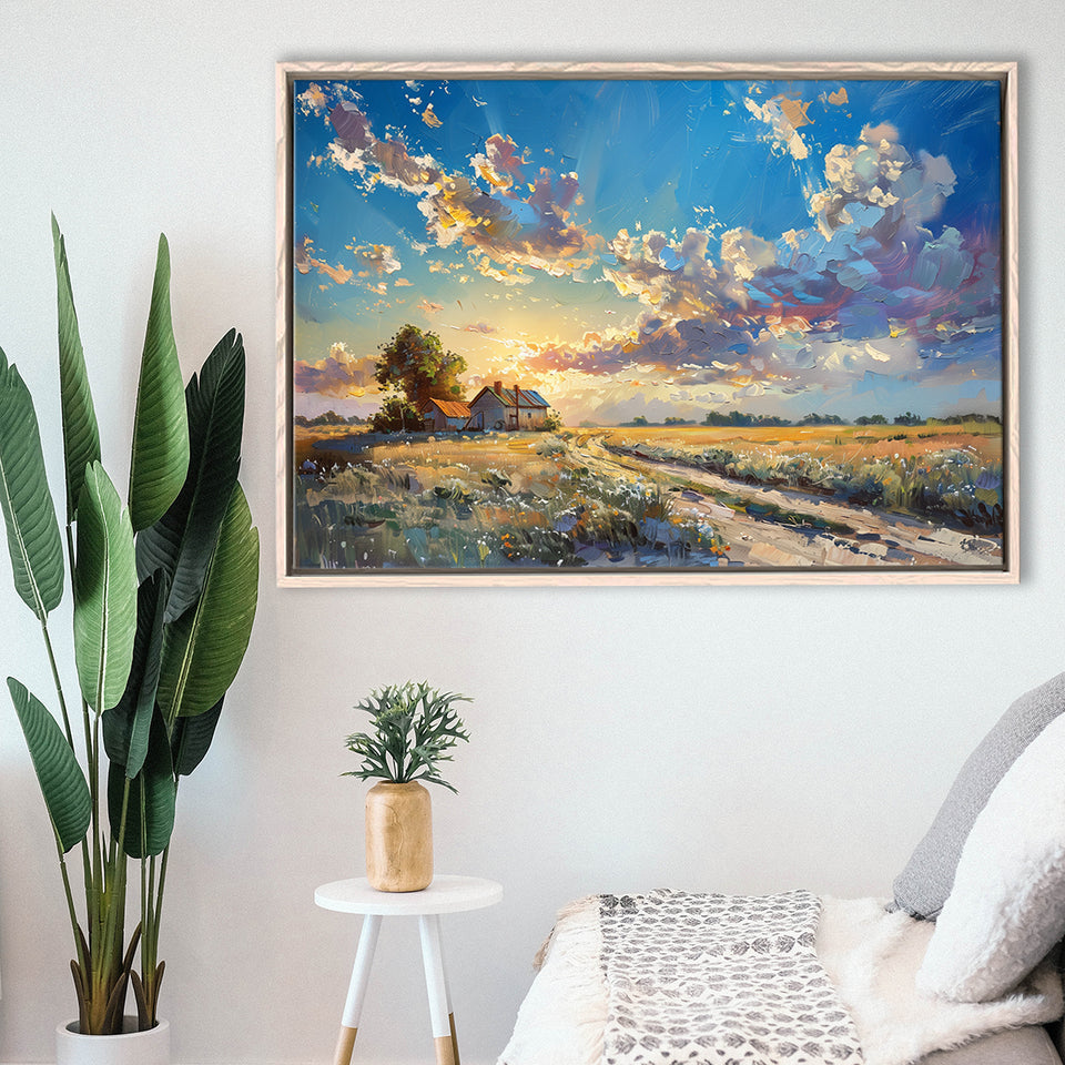 Painting Pastel Clouds Over The Backyard Sunset Oil Painting, Floating Frame, Framed Canvas Print Wall Art