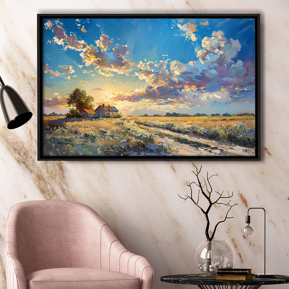 Painting Pastel Clouds Over The Backyard Sunset Oil Painting, Floating Frame, Framed Canvas Print Wall Art