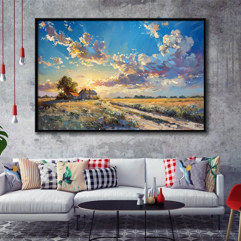 Painting Pastel Clouds Over The Backyard Sunset Oil Painting, Floating Frame, Framed Canvas Print Wall Art