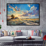 Painting Pastel Clouds Over The Backyard Sunset Oil Painting, Floating Frame, Framed Canvas Print Wall Art