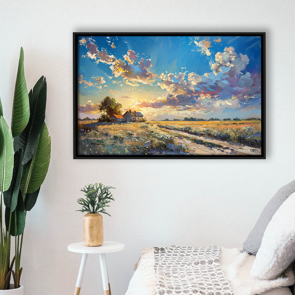 Painting Pastel Clouds Over The Backyard Sunset Oil Painting, Floating Frame, Framed Canvas Print Wall Art