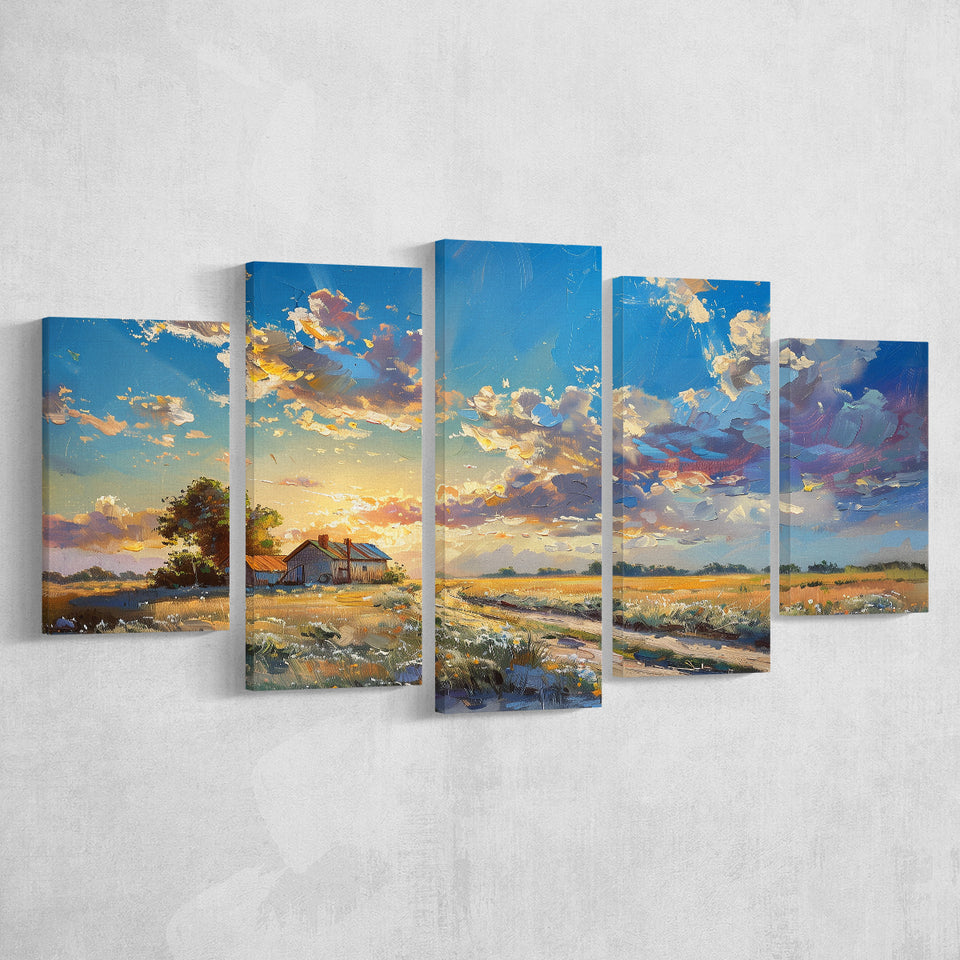 Painting Pastel Clouds Over The Backyard Sunset Oil Painting, Multi Panel,Mixed Canvas Print Wall Art Decor