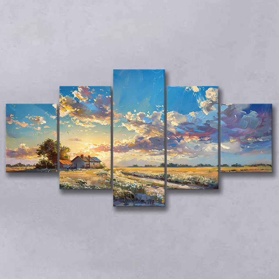 Painting Pastel Clouds Over The Backyard Sunset Oil Painting, Multi Panel,Mixed Canvas Print Wall Art Decor