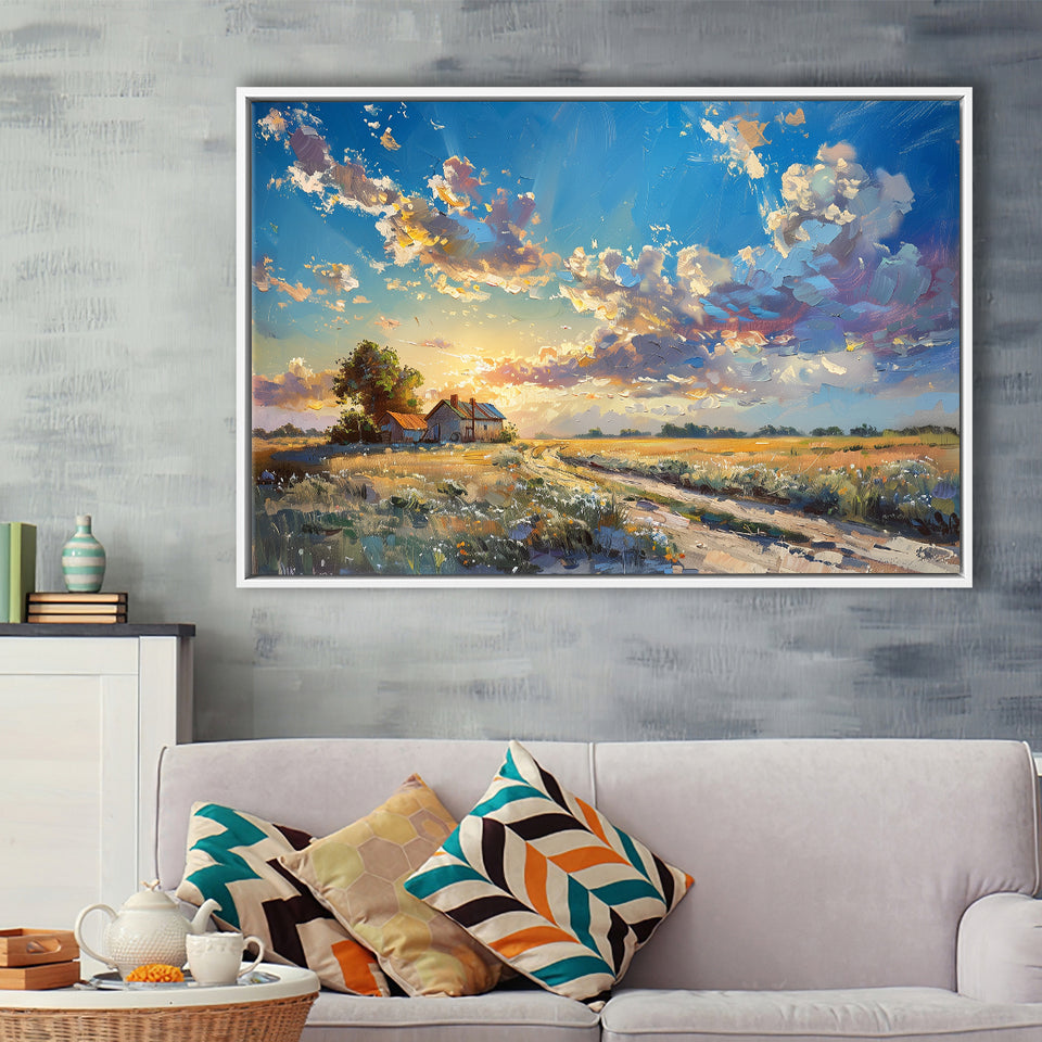 Painting Pastel Clouds Over The Backyard Sunset Oil Painting, Floating Frame, Framed Canvas Print Wall Art