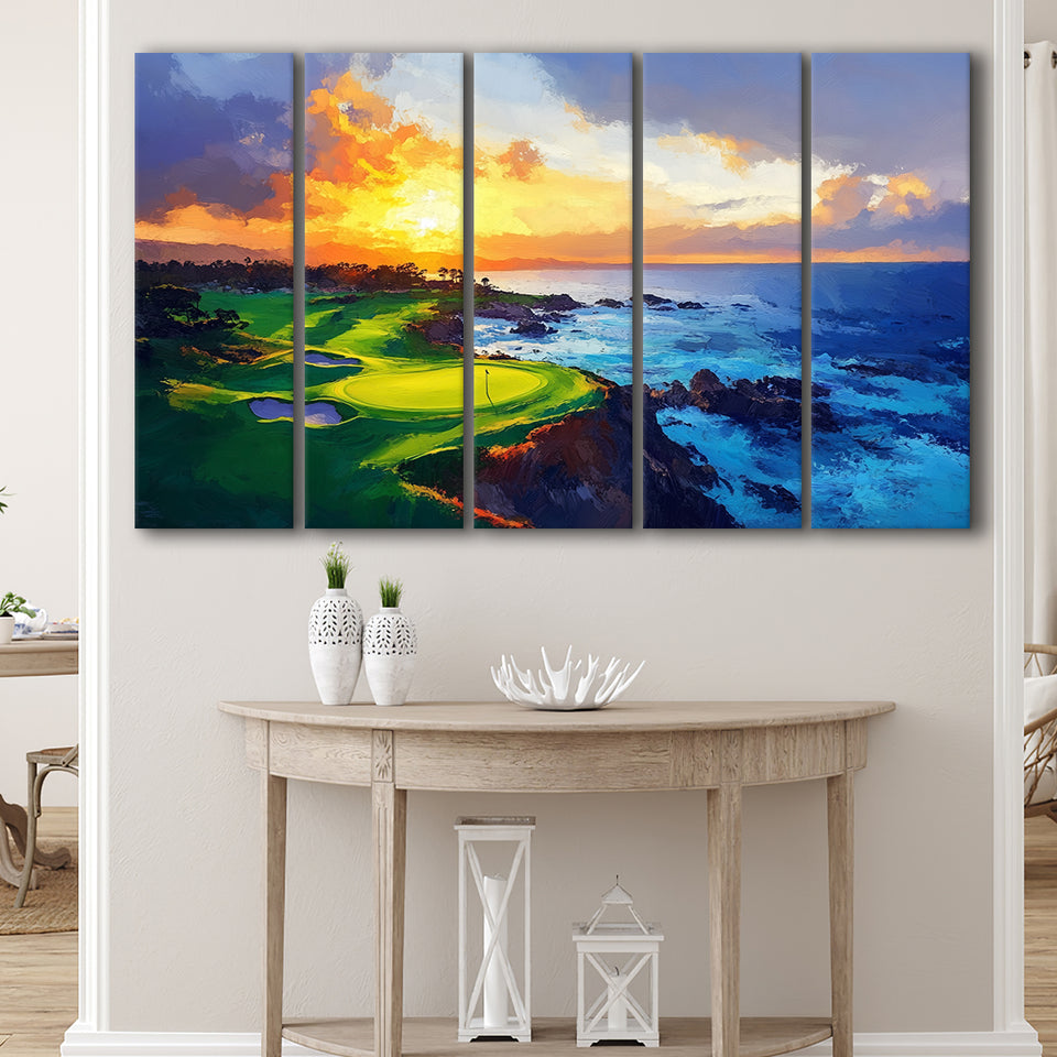 Painting Pebble Beach Golf Links Aerial Hole 7 In Sunset V1, Golf Art Print, Extra Large 5 Panel, Canvas Prints