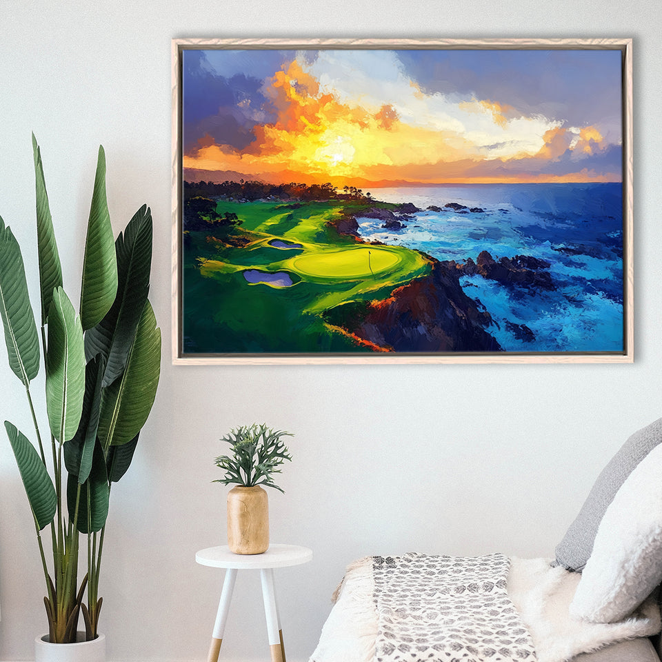 Painting Pebble Beach Golf Links Hole 7 In Sunset, Golf Art Print, Gift for him, Framed Canvas Prints Wall Art