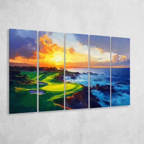 Painting Pebble Beach Golf Links Aerial Hole 7 In Sunset V1, Golf Art Print, Extra Large 5 Panel, Canvas Prints