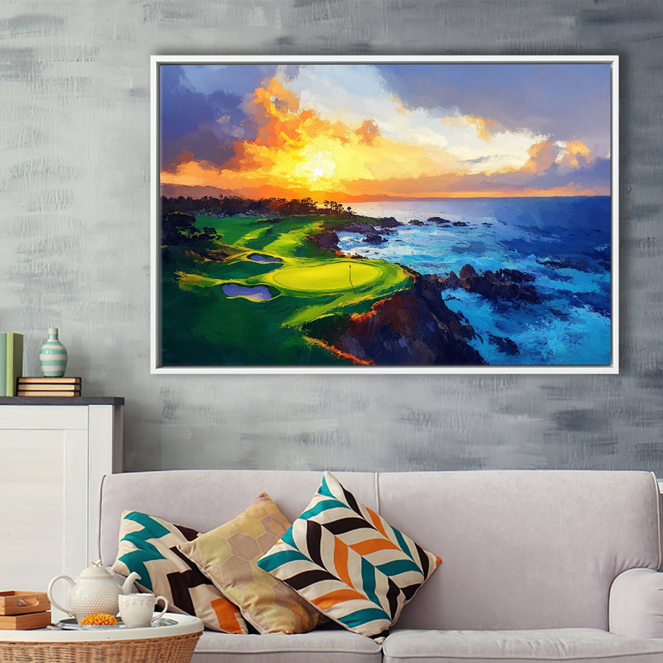 Painting Pebble Beach Golf Links Hole 7 In Sunset, Golf Art Print, Gift for him, Framed Canvas Prints Wall Art