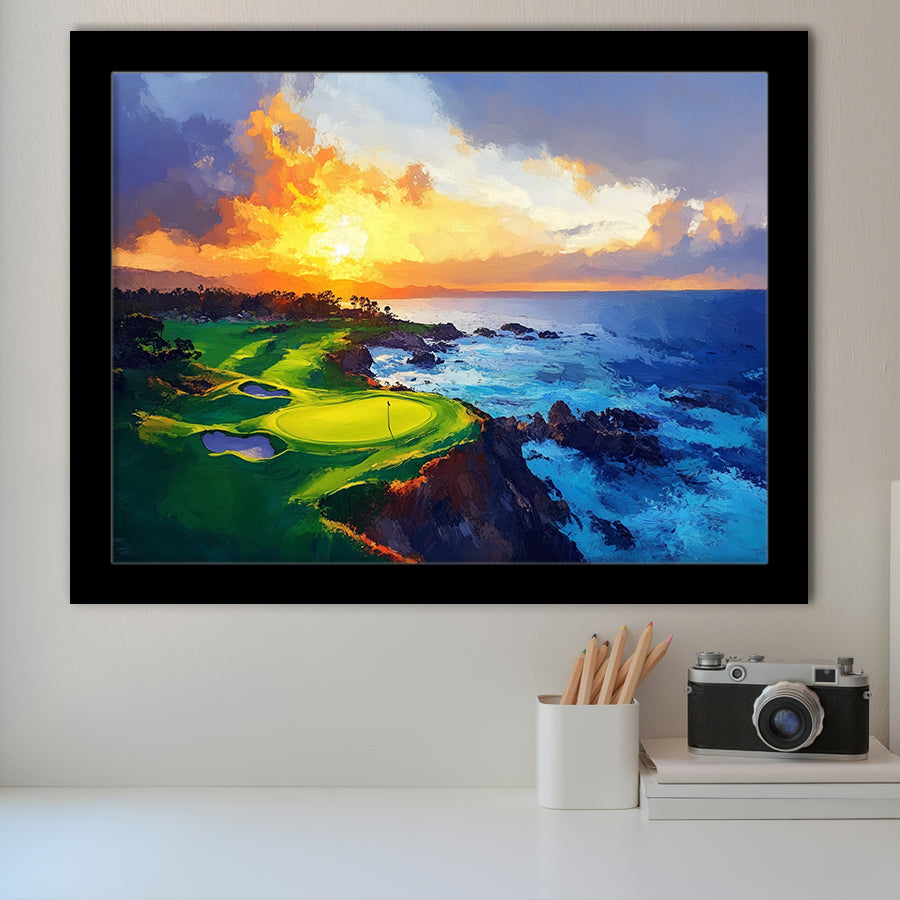 Painting Pebble Beach Golf Links Aerial Hole 7 In Sunset V1, Golf Art, Gift for him, Framed Art Prints Wall Decor